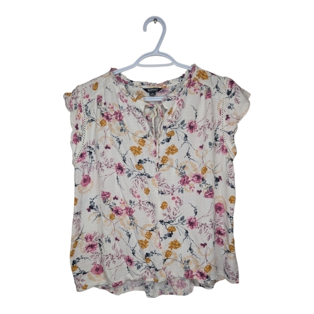 Buffalo Women's Medium Ruffle Short Sleeve Flowy Tie Neck Top Blouse